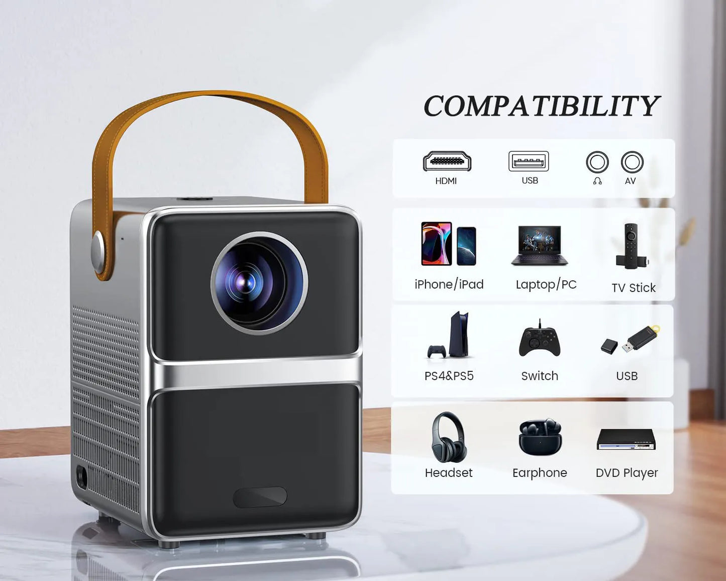 Portable Bytech Full HD Portable Smart Projector with compatibility icons on a white background