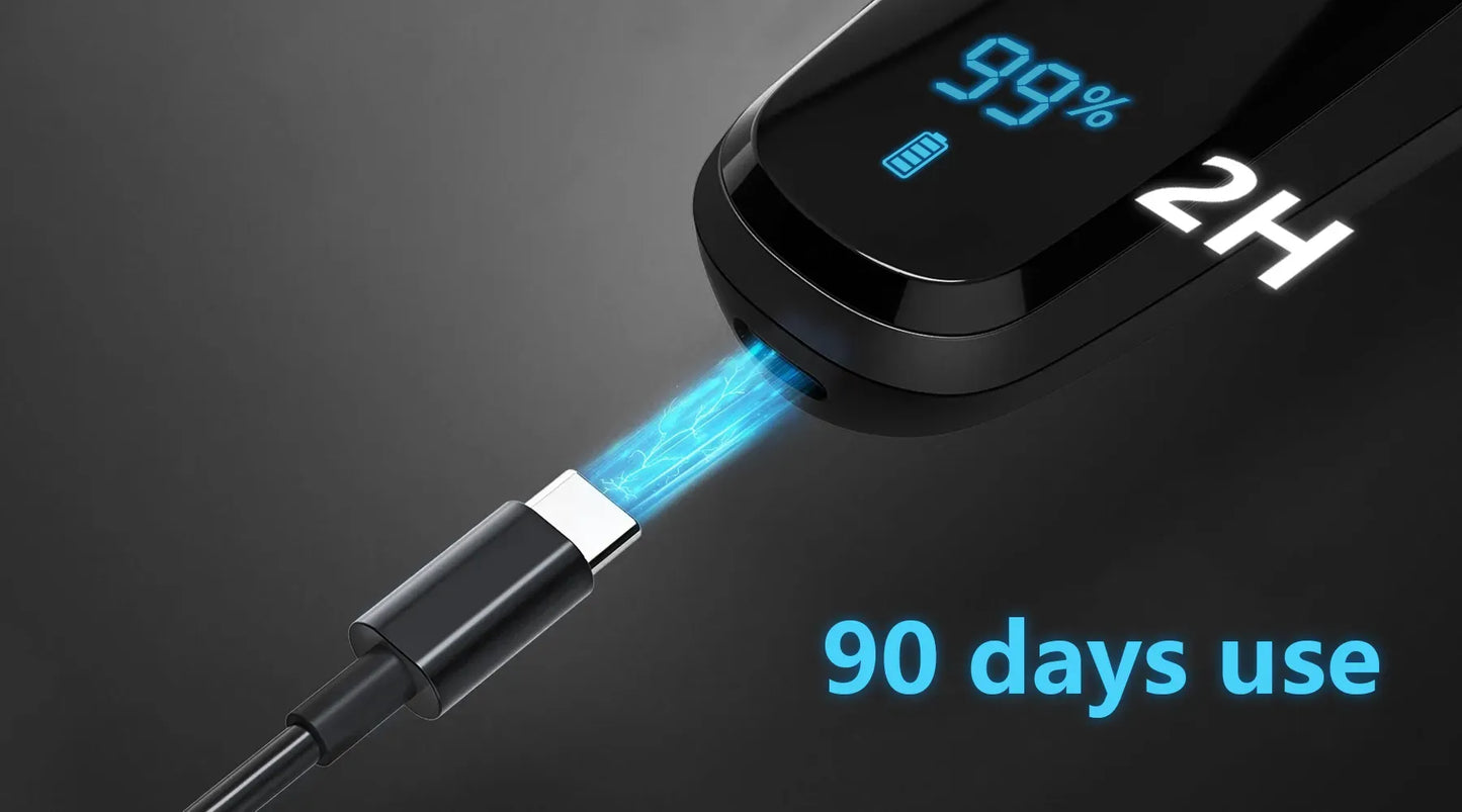 Black Krona Electric Shaver device with digital display and USB cable on a dark background