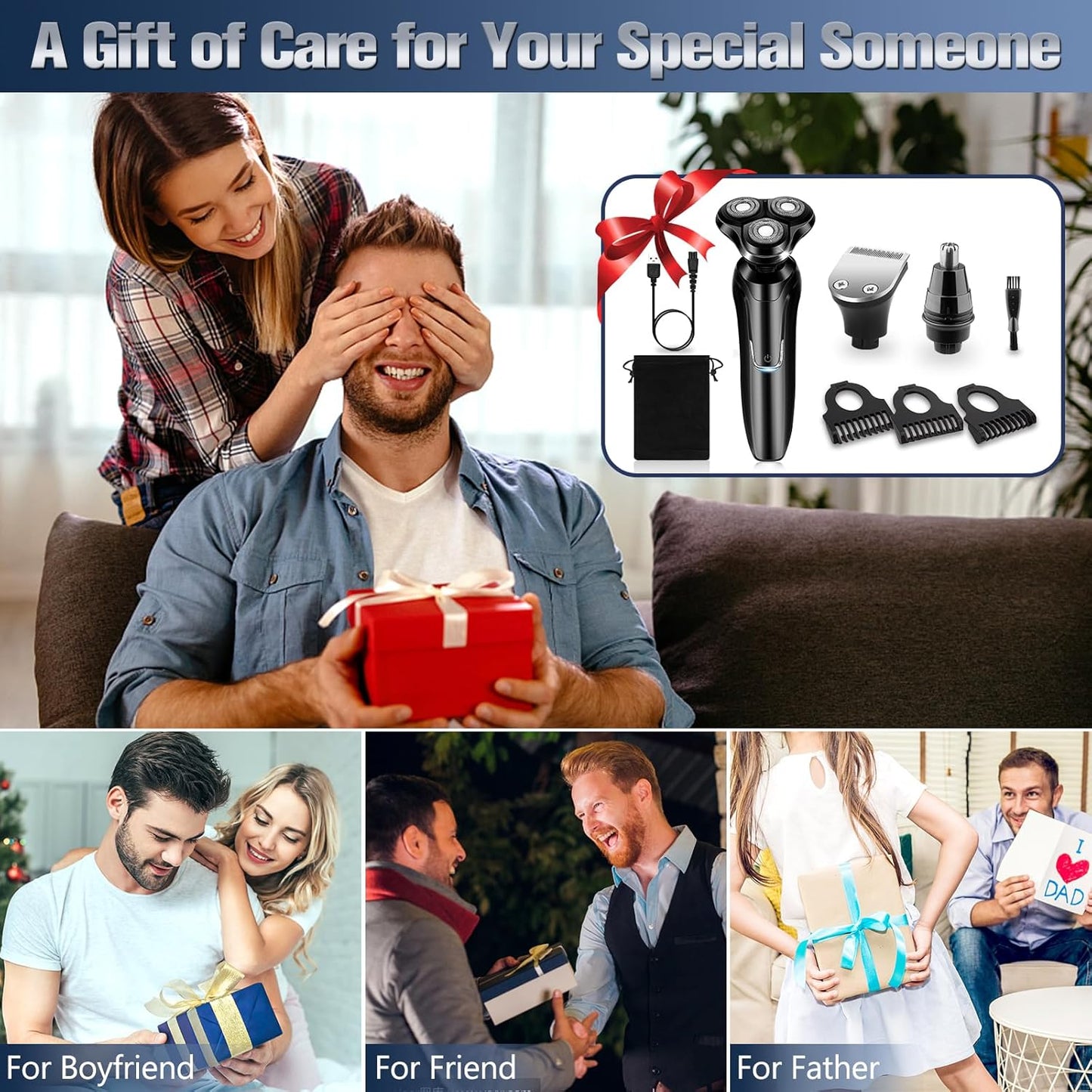 Collage of a man receiving a gift, with a focus on a Mivrass Electric Shaver and people enjoying moments together.