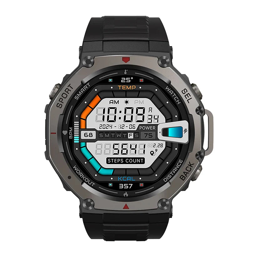 Praxia GPS Sports Smartwatch with a black strap on a white background