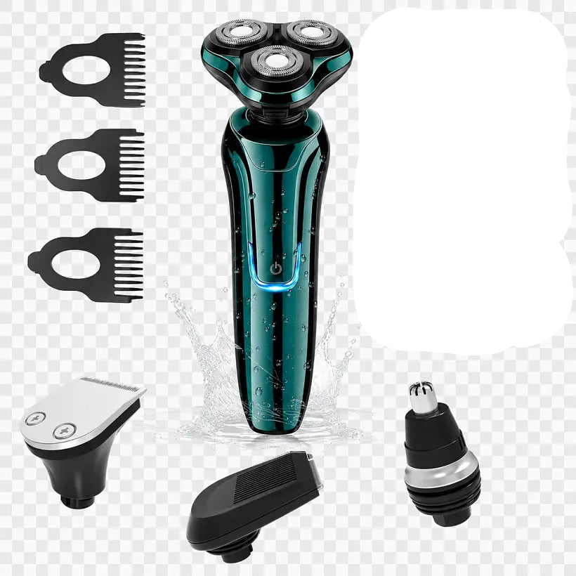 A 3-in-1 Smaven Electric Shaver Pro8 with a teal and black metallic finish, shown alongside its retail box, three black comb guards, a silver-and-black trimmer attachment, and a black neck tool on a transparent checkered background.