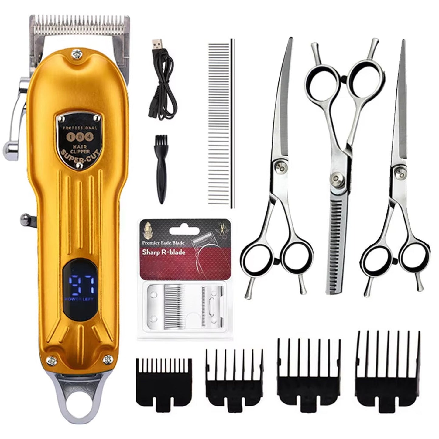 Snipawsi Pet Hair Clippers kit with gold clipper, scissors, and attachments on a white background