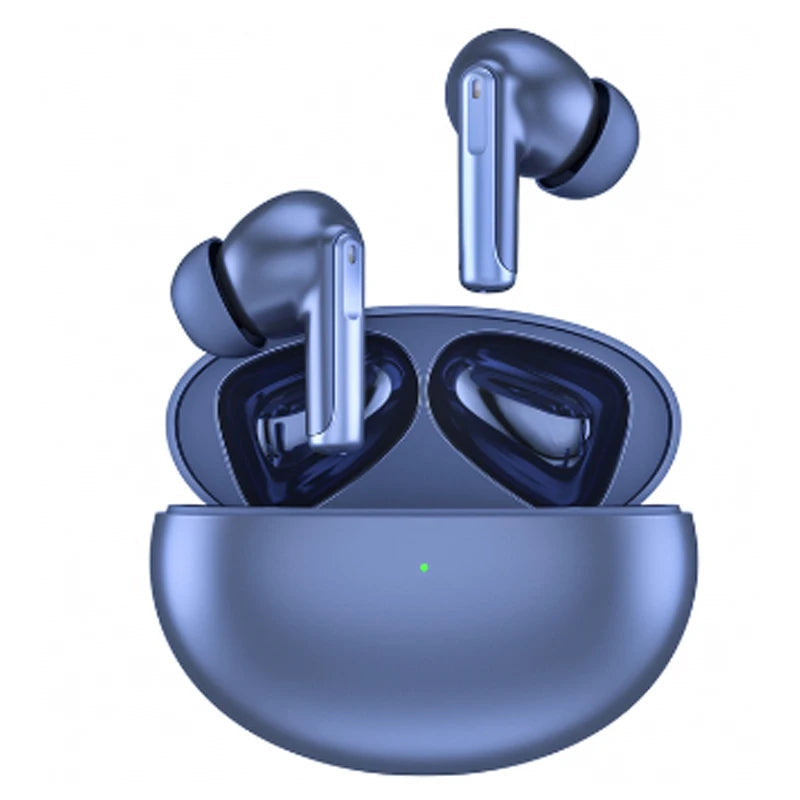 Blue Vantiro Wireless Earbuds with charging case on a white background