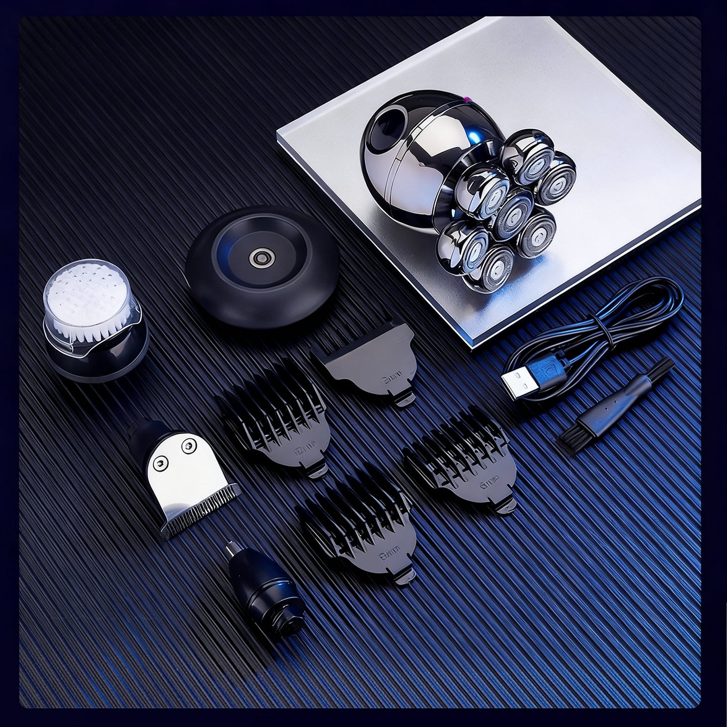 Collection of Vassco 6 in 1 Shaving Kit For Men including a hair clipper, combs, and attachments on a dark textured surface.