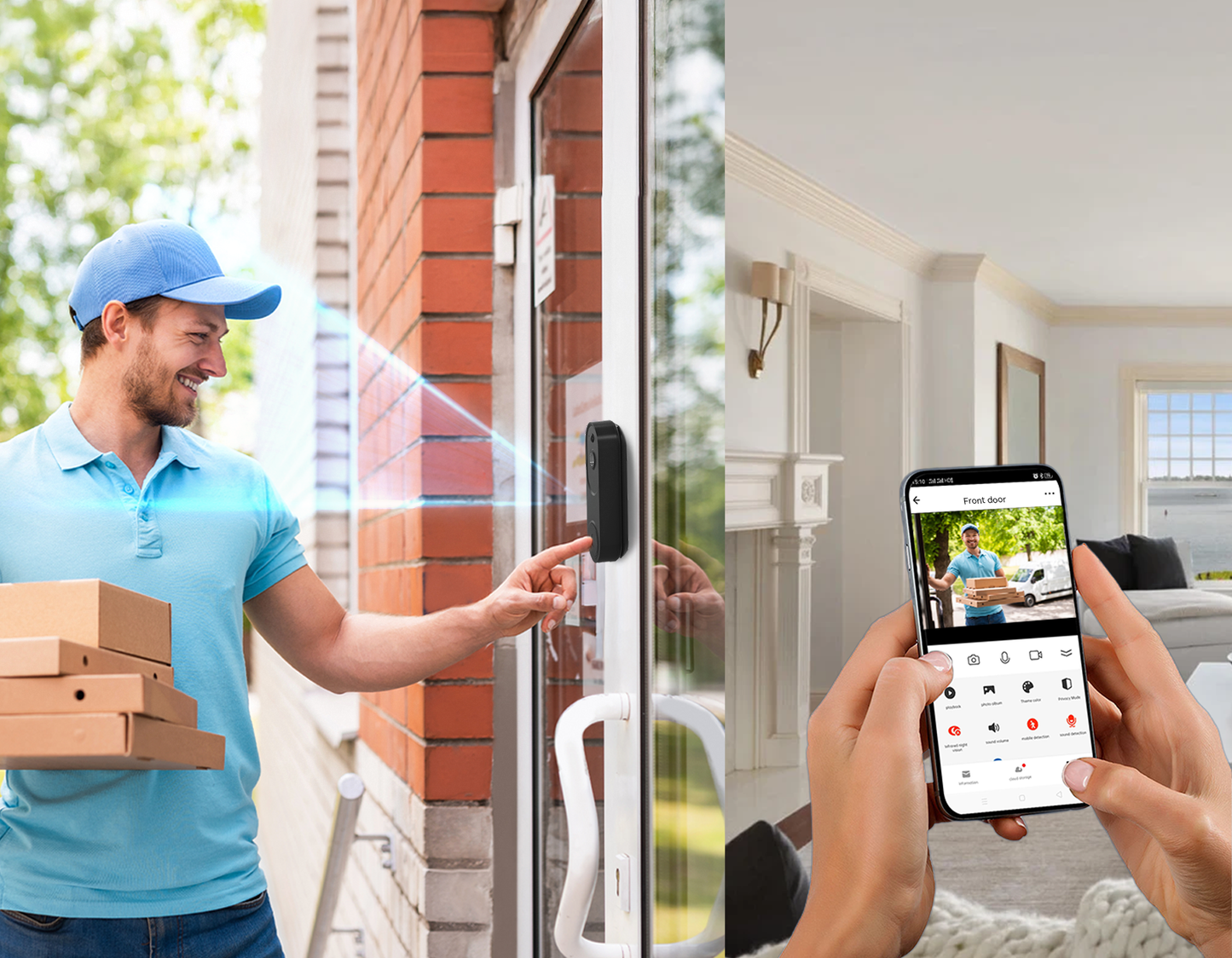 Man delivering pizzas using a Praxia Doorbell on a door and a smartphone app.