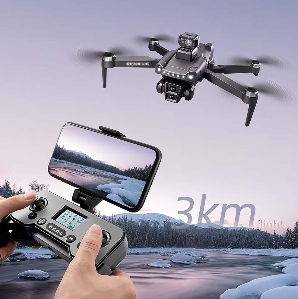 Aerudon AIR+ GPS Drone flying over a snowy landscape with a controller and phone displaying the view.