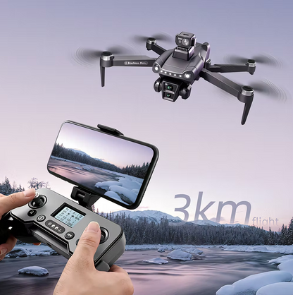 Aerudon AIR+ GPS Drone flying over a snowy landscape with a controller and phone displaying the view.