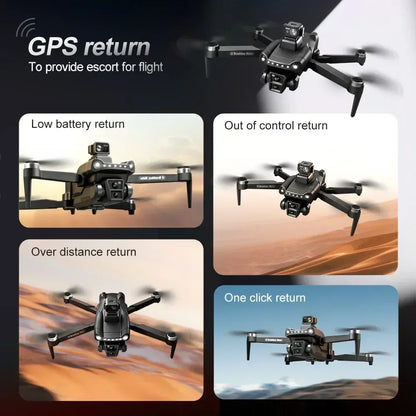 Collage of a Aerudon AIR+ GPS Drone with various return features on a dark background