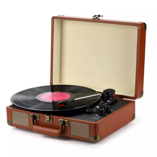 Vintage-style portable Auryvox Heritage VT-80 Portable Turntable in a brown suitcase on a white background