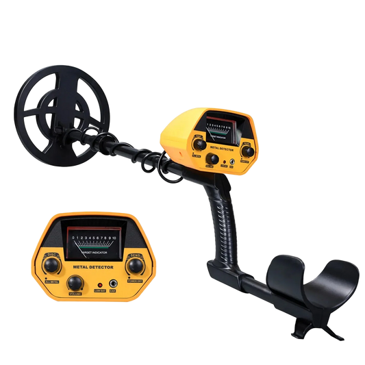 Yellow Beelines Metal Detector with black coil on a white background