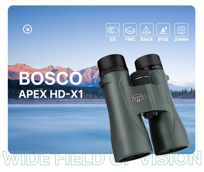 Bosco Apex HD-X1 binoculars with mountain and lake background