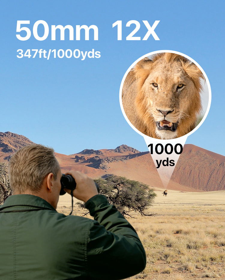 Person using Bosco Apex HD-X1 Binoculars to observe a lion in the wild with text indicating lens specifications.