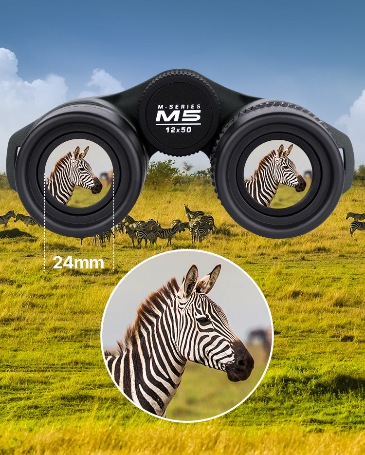 Bosco Apex HD-X1 Binoculars with a zebra in the field, showing magnification details.