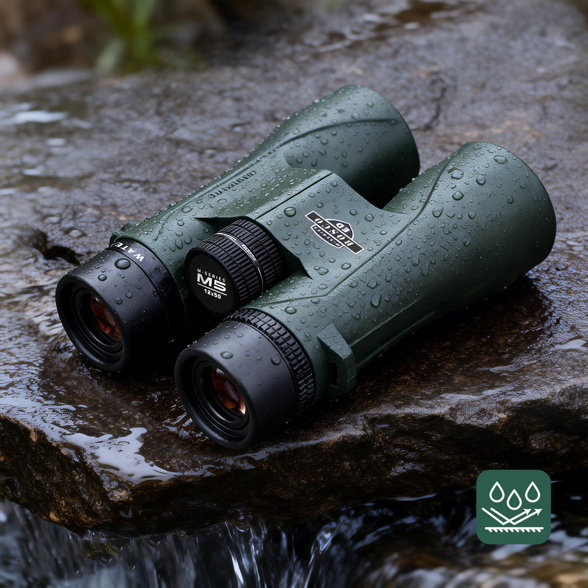Green Bosco Apex HD-X1 Binoculars with water droplets on a wet stone surface, featuring a brand logo.