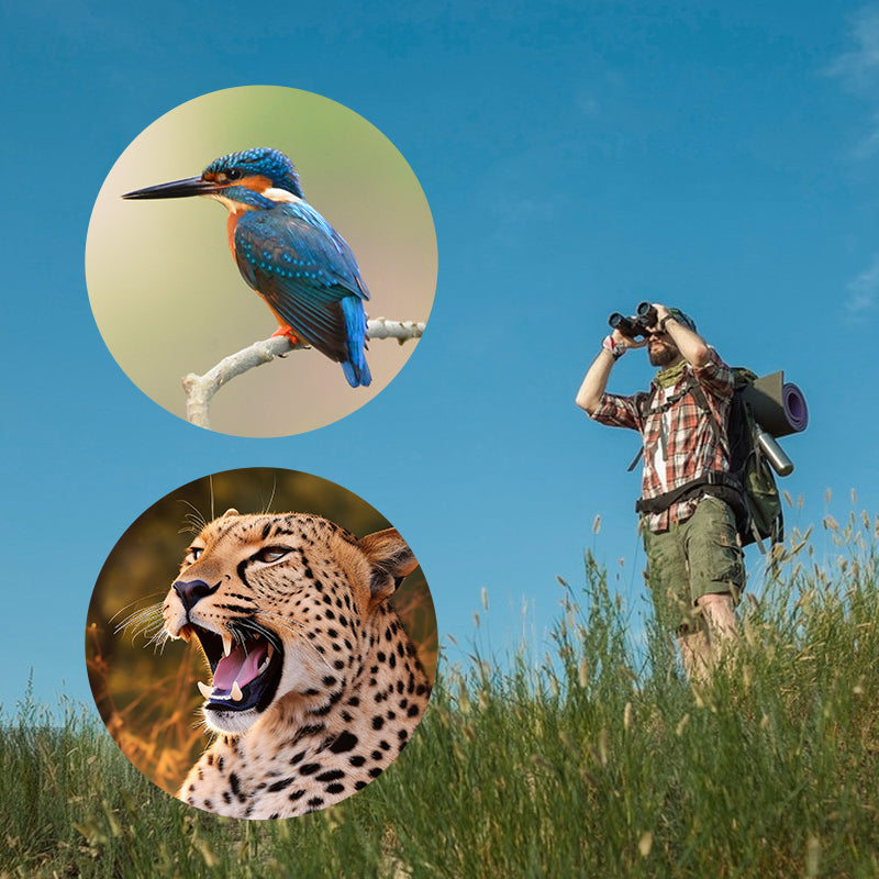 Person with Bosco Apex HD-X1 Binoculars in a grassy field, with inset images of a kingfisher and a leopard.