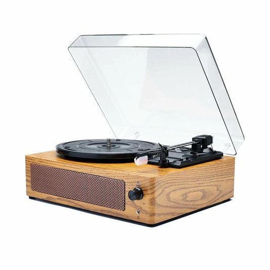 Wooden Brivona Record Player Player with clear dust cover on a white background