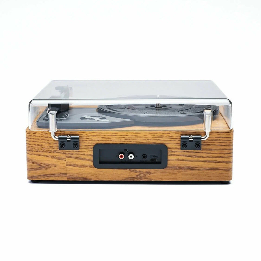Wooden Brivona Record Player with clear acrylic cover on a white background