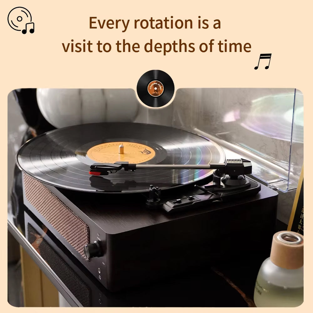 Brivona Vintage Vinyl Record Player with a vinyl record on a beige background with text