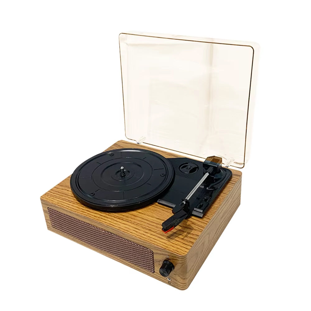 Wooden Brivona Vintage Vinyl Record Player with transparent dust cover on a white background