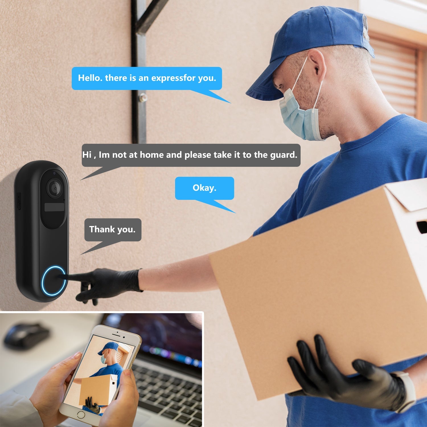 Person with a package interacting with a Bytech 2K Wireless Doorbell system, with text bubbles indicating a conversation.