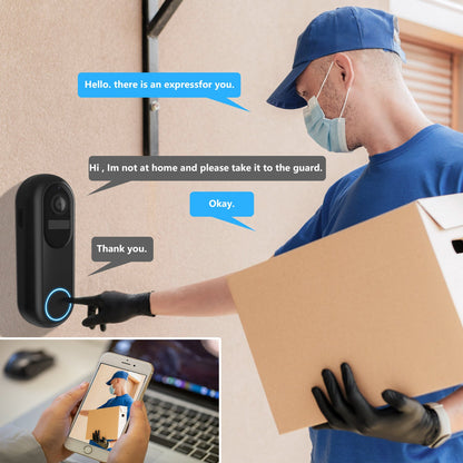 Person with a package interacting with a Bytech 2K Wireless Doorbell system, with text bubbles indicating a conversation.