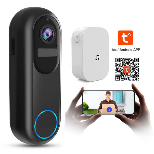 Smart Bytech 2K Wireless Doorbell with app icons and QR code on a white background