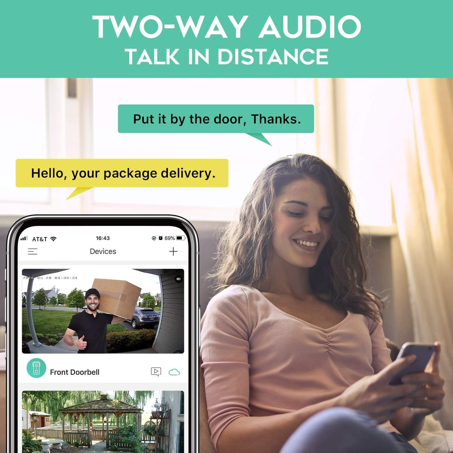 Woman using a smartphone with a two-way audio app, receiving a package delivery notification.