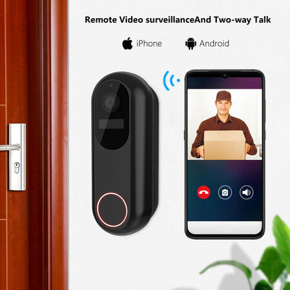 Smart Bytech 2K Wireless Doorbell with remote video surveillance and two-way talk feature on smartphone screen, showing a person with a package.
