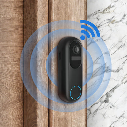 Smart Bytech 2K Wireless Doorbell on a wooden door with a marble background
