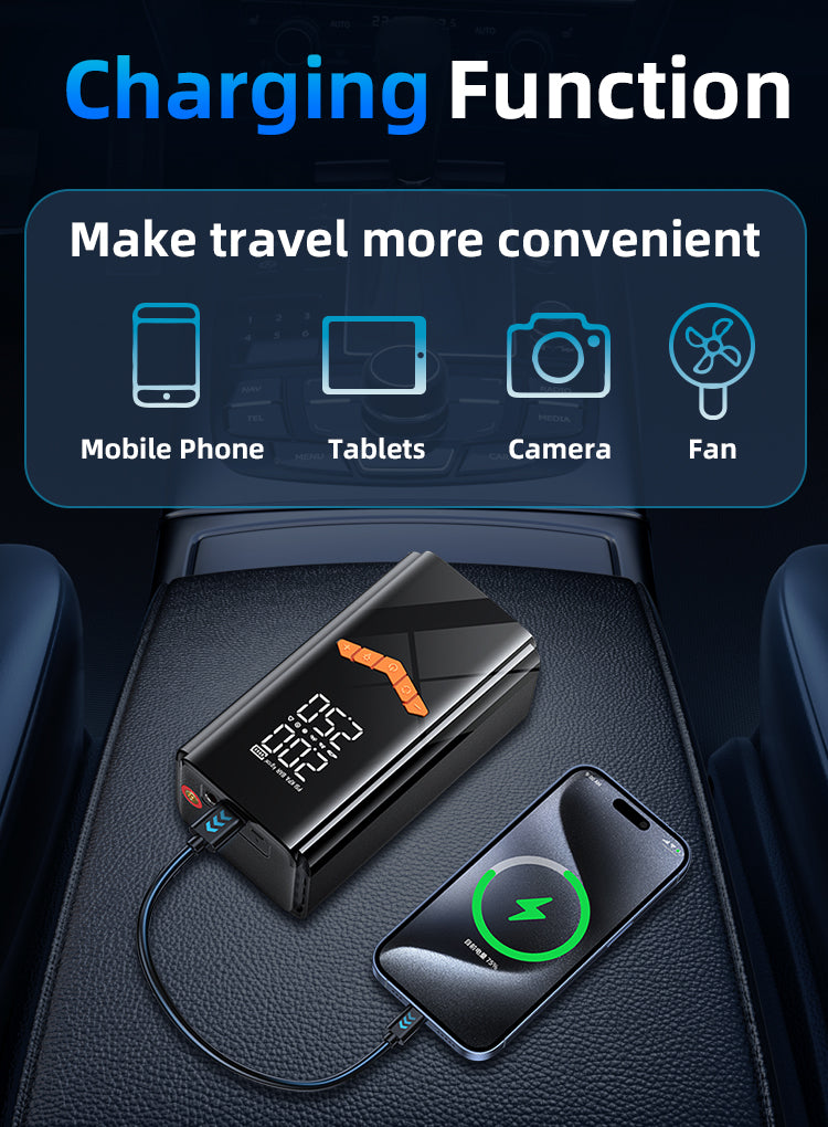 A black portable Bytech 2 in 1 Tyre Inflator & Jump Starter with a digital display showing 100% charge, connected to a smartphone in a car center console. The image includes marketing text at the top reading 'Charging Function' and 'Make travel more convenient' with icons for charging a mobile phone, tablets, camera, and fan.