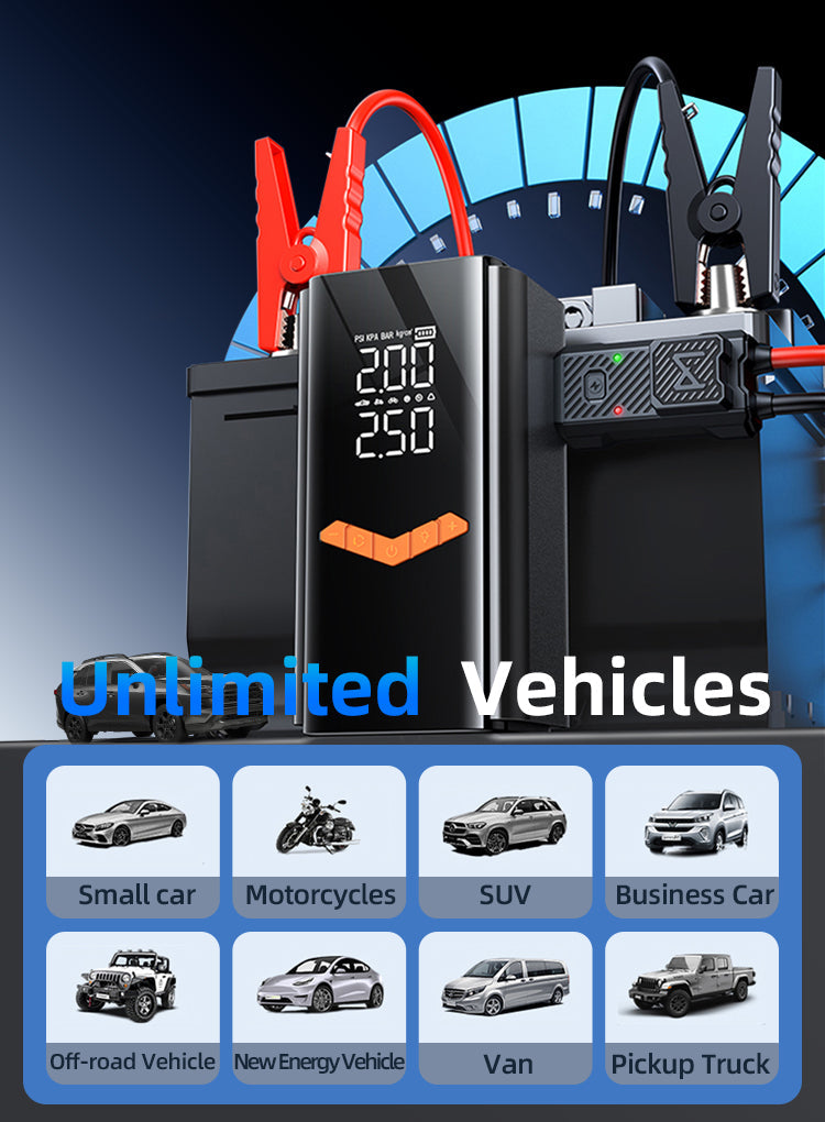 A black portable Bytech 2 in 1 Tyre Inflator & Jump Starter with digital voltage displays and red and black clamps, shown with the text 'Unlimited Vehicles' and a grid of vehicle types including small cars, motorcycles, SUVs, vans, and trucks.