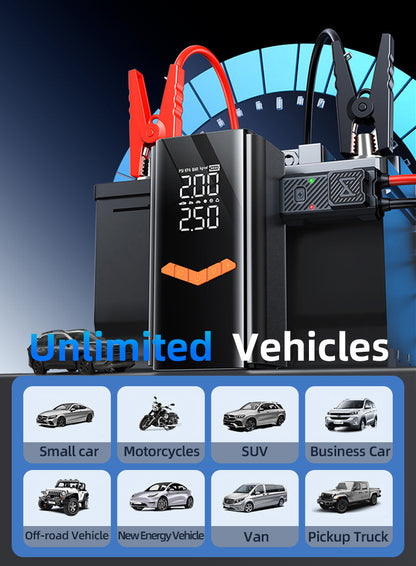 A black portable Bytech 2 in 1 Tyre Inflator & Jump Starter with digital voltage displays and red and black clamps, shown with the text 'Unlimited Vehicles' and a grid of vehicle types including small cars, motorcycles, SUVs, vans, and trucks.