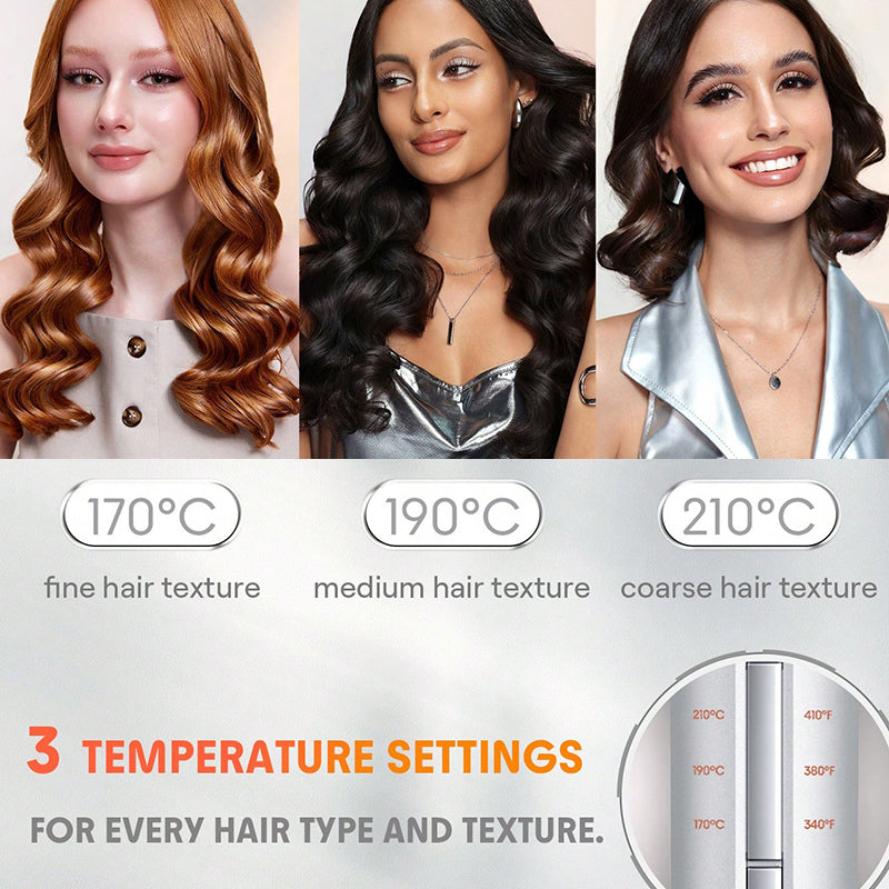 Three women with different hair textures showing temperature settings for a Bytech Automatic Hair Curler