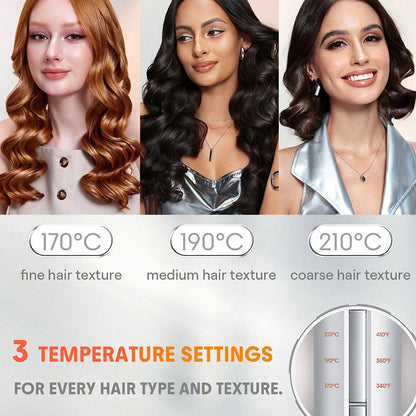 Three women with different hair textures showing temperature settings for a Bytech Automatic Hair Curler