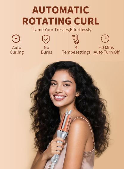 Woman with styled hair holding a Bytech Curling Iron against a beige background with text about automatic rotating curl feature.