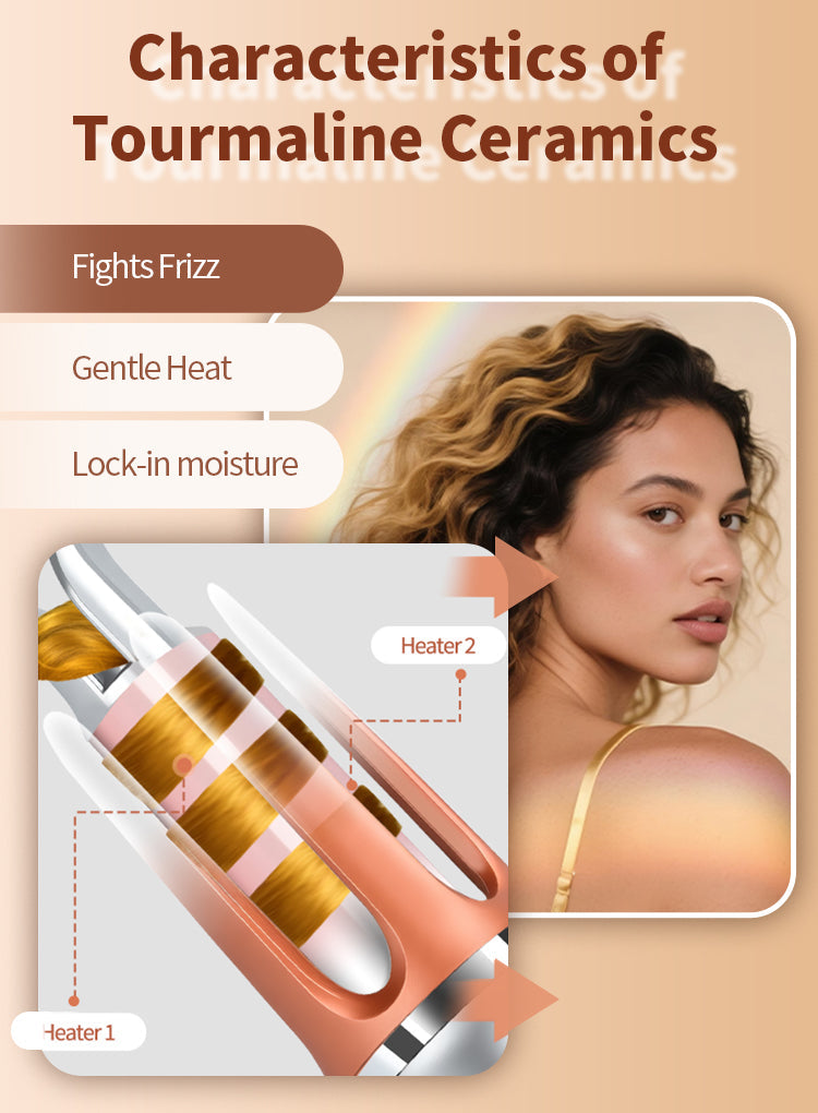 Bytech Automatic Hair Curler with text on tourmaline ceramics characteristics and benefits.