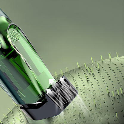 Green car cleaning a road with water droplets on a green background