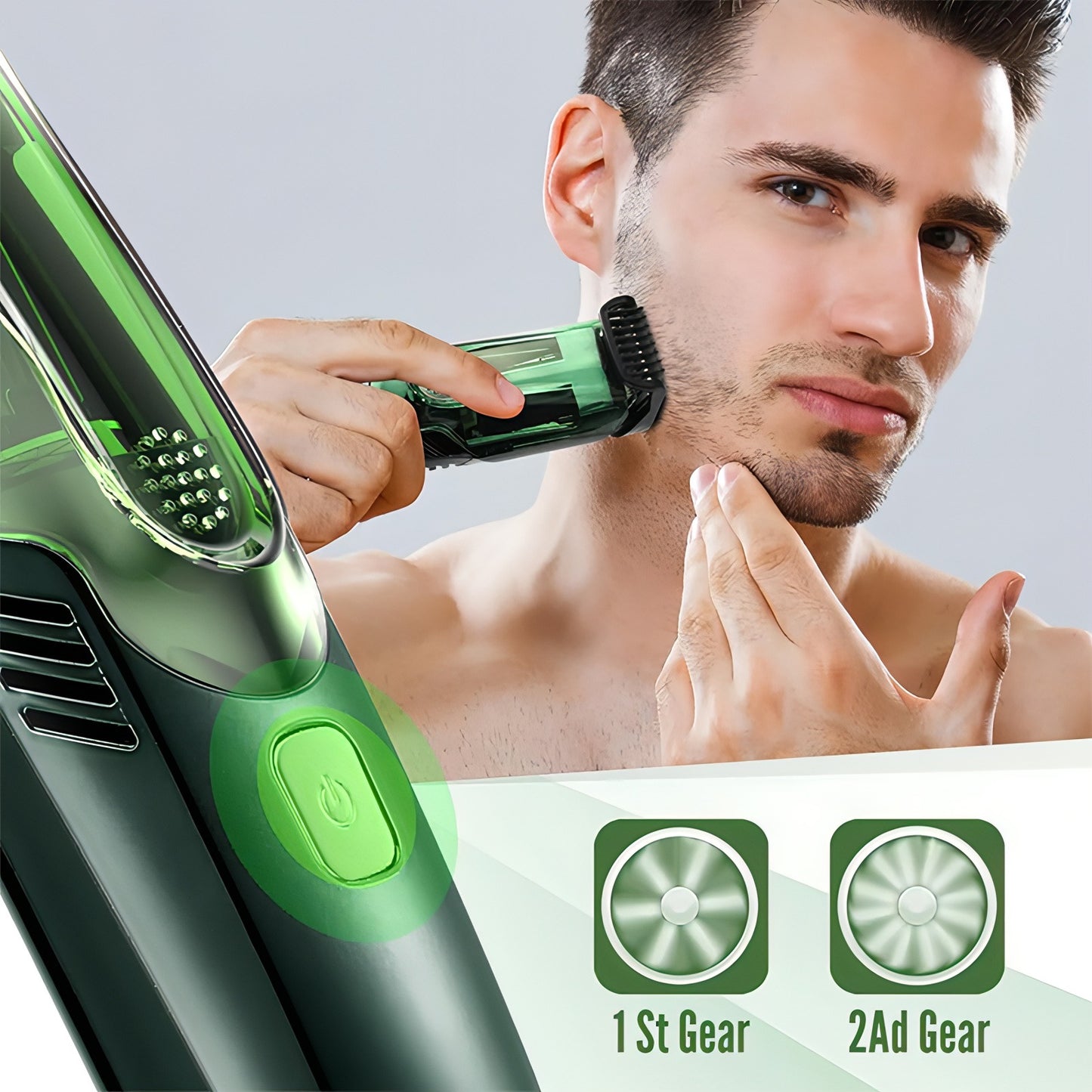Man using a green Bytech Beard Trimmer with close-up details on a gray background