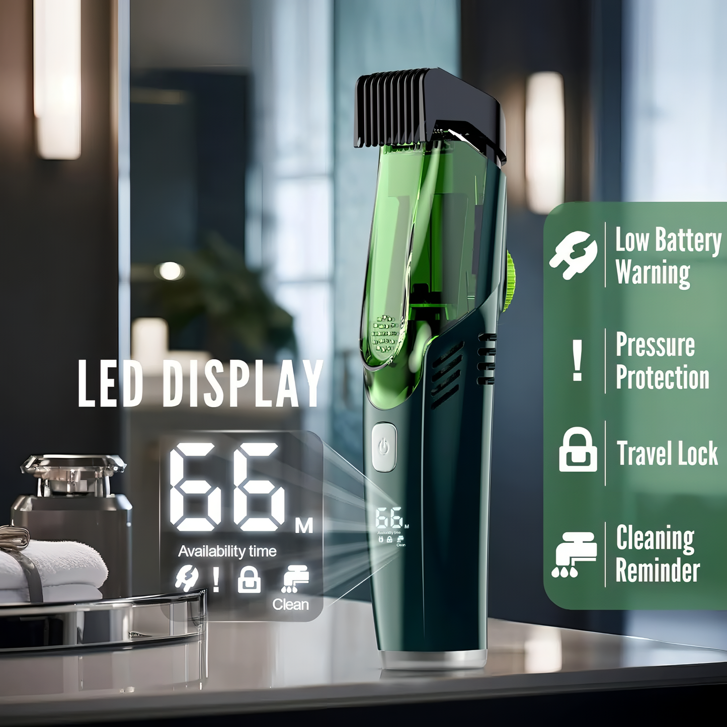 Bytech Beard Trimmer with LED display on a blurred bathroom background