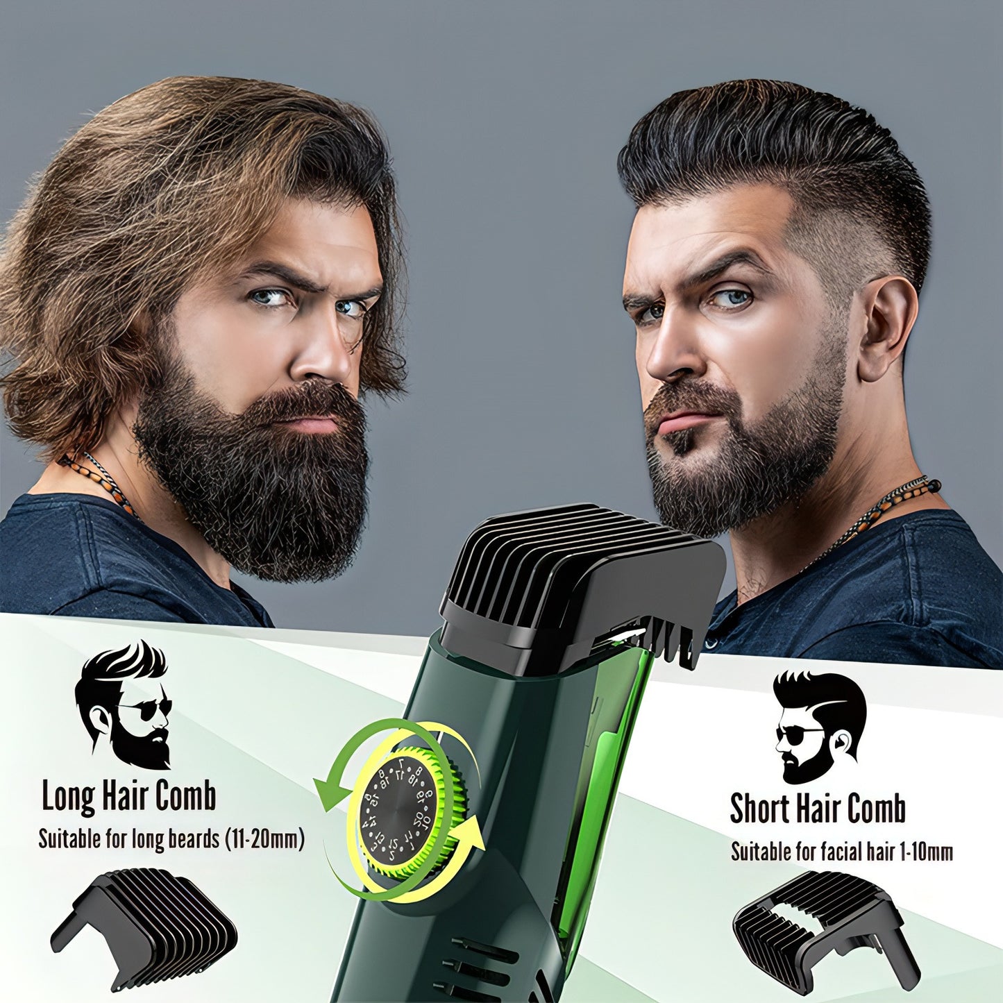Bytech Beard Trimmer with attachments for long and short hair, before and after use comparison.