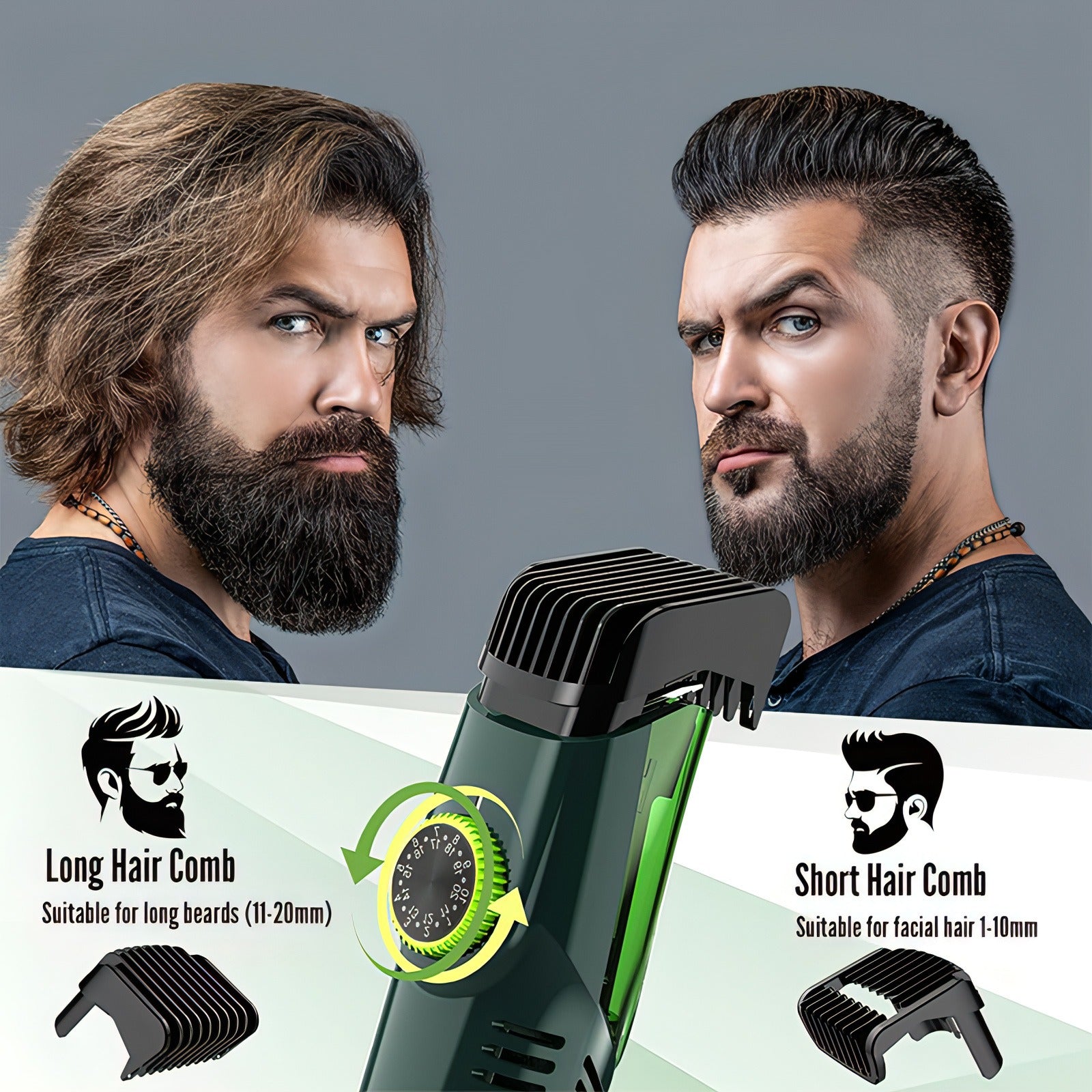 Bytech Beard Trimmer with attachments for long and short hair, before and after use comparison.
