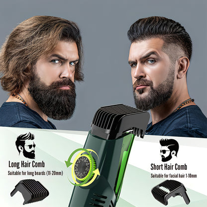 Bytech Beard Trimmer with attachments for long and short hair, before and after use comparison.