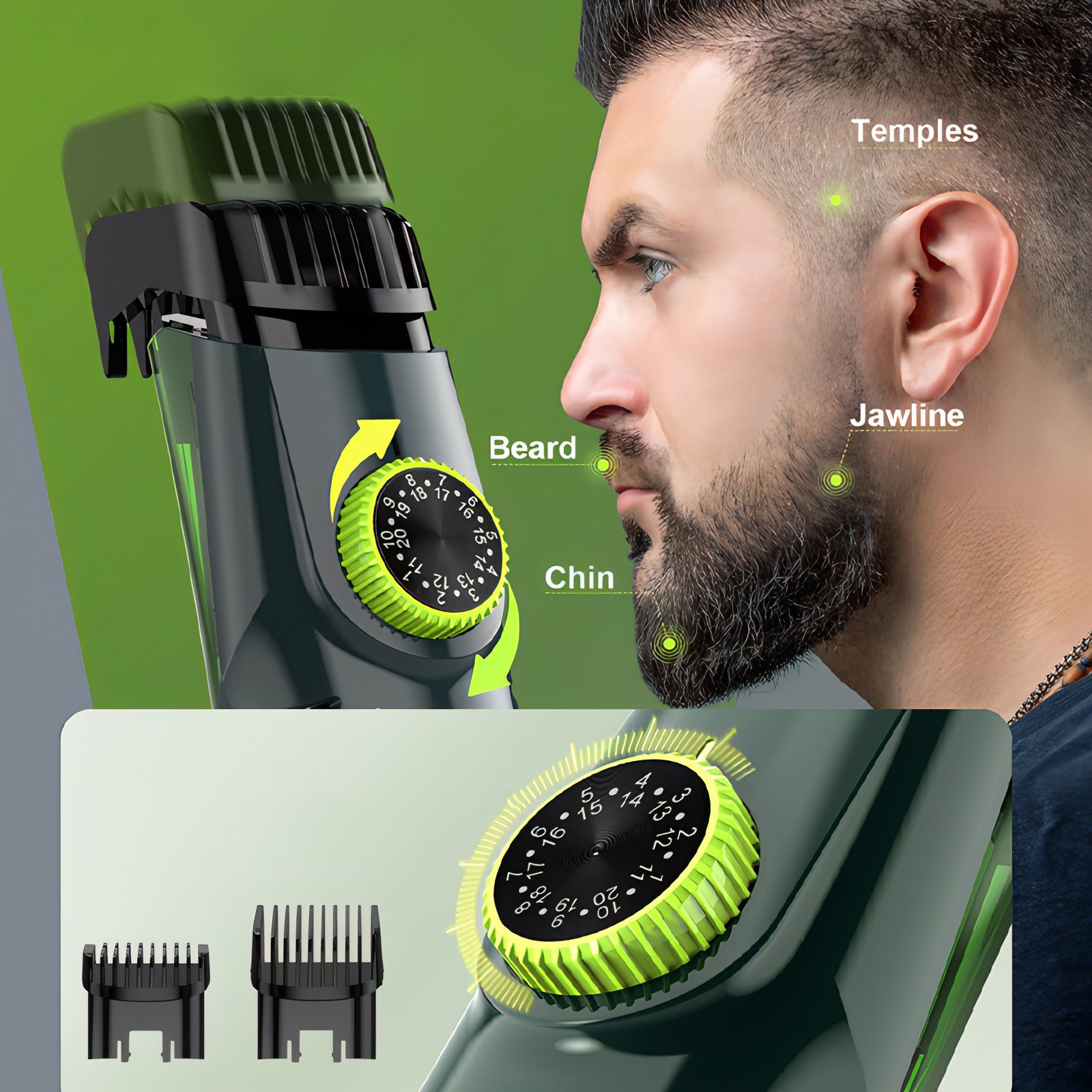 Bytech Beard Trimmer with adjustable settings shown on a man's face, highlighting different grooming areas.