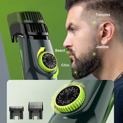 Bytech Beard Trimmer with adjustable settings shown on a man's face, highlighting different grooming areas.