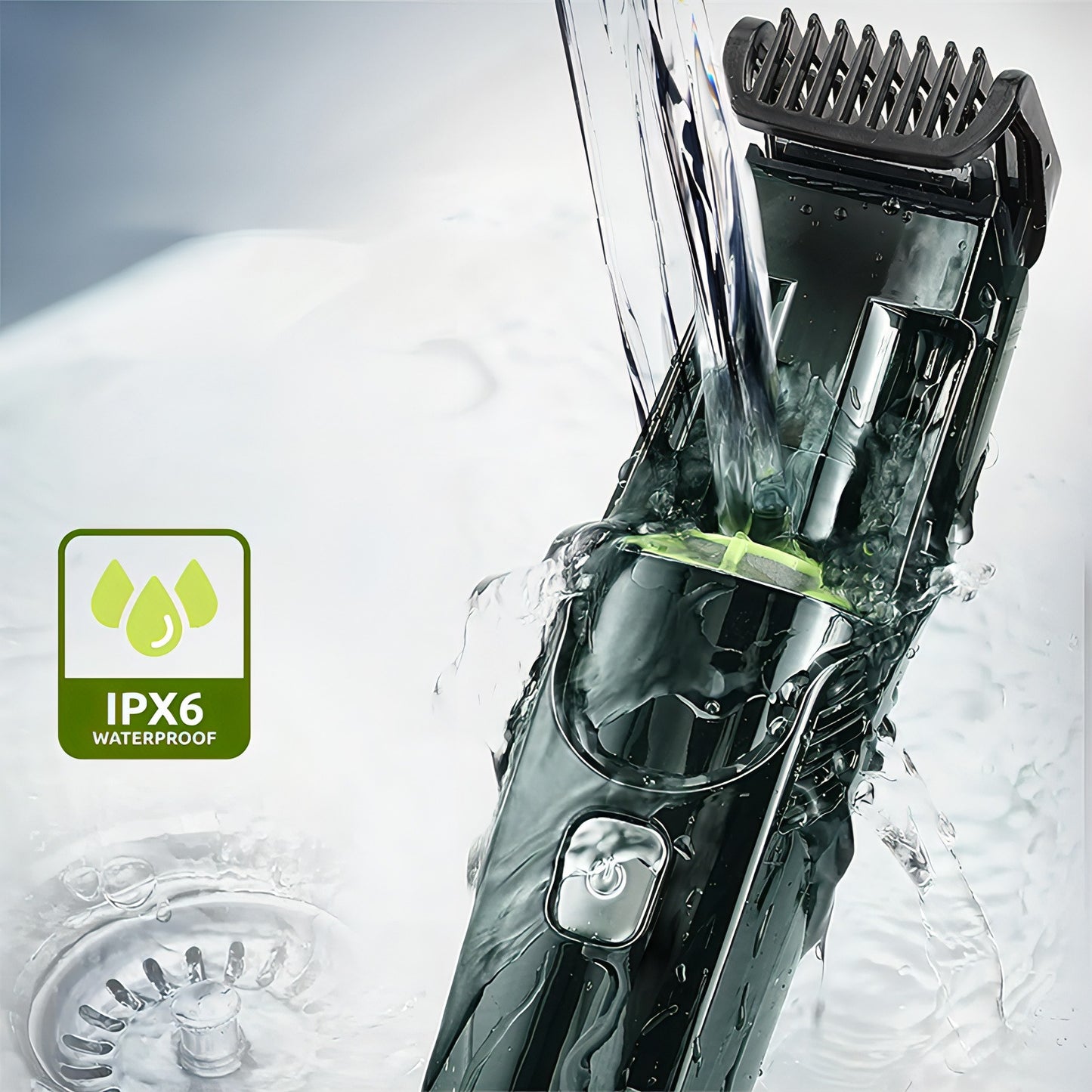 Bytech Beard Trimmer being rinsed with water, featuring an IPX6 waterproof label.