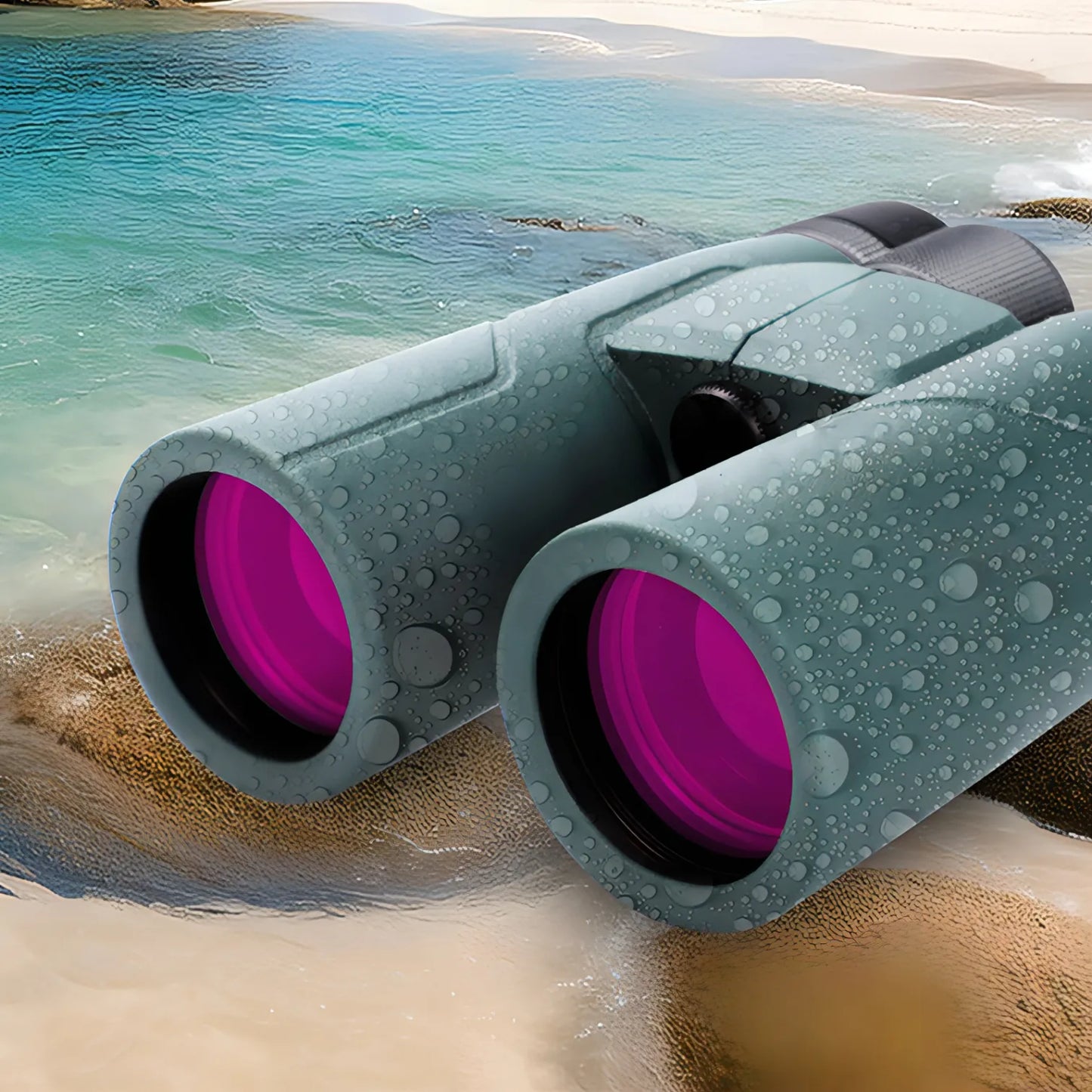 Bytech Binoculars with pink lenses on a beach