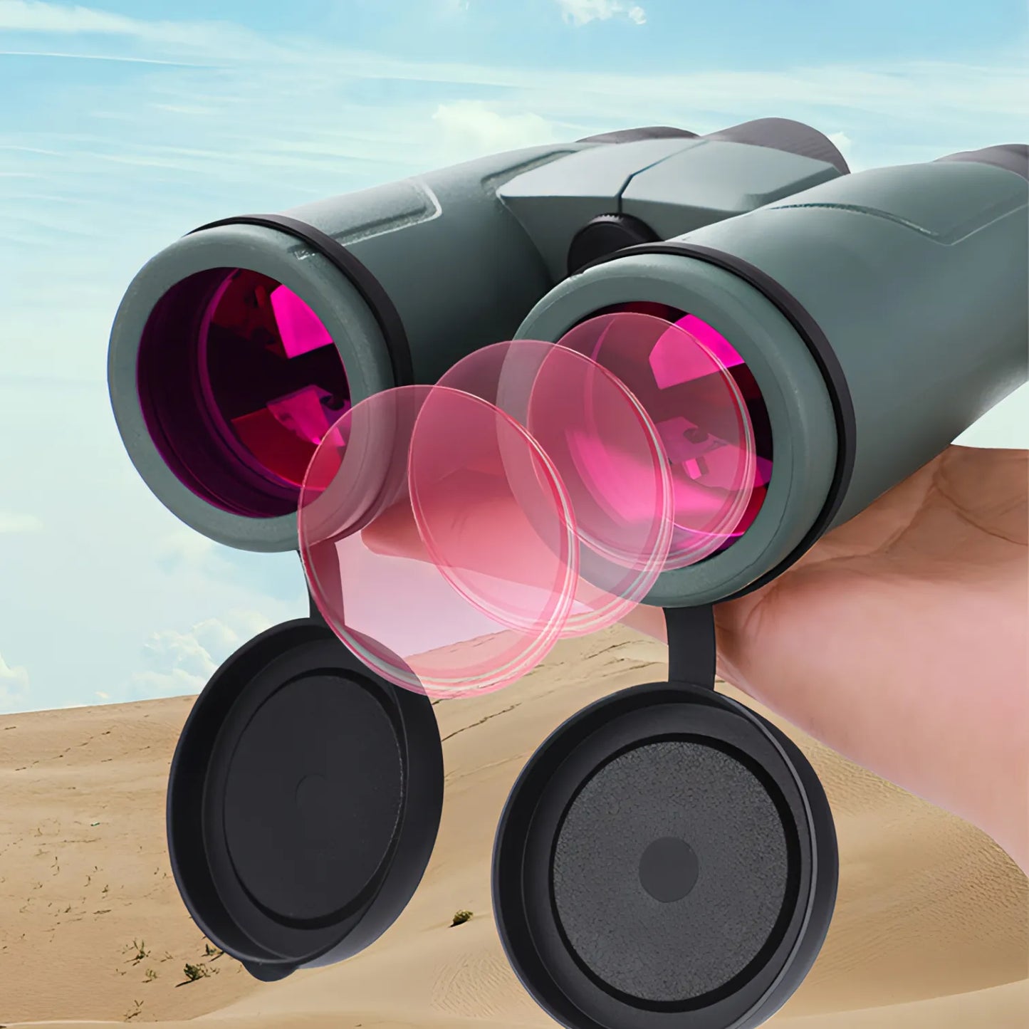 Bytech Binoculars with pink lenses held against a desert landscape