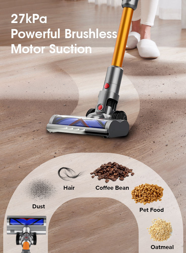 Bytech Cordless Vacuum Cleaner with text about powerful brushless motor suction on a wooden floor.