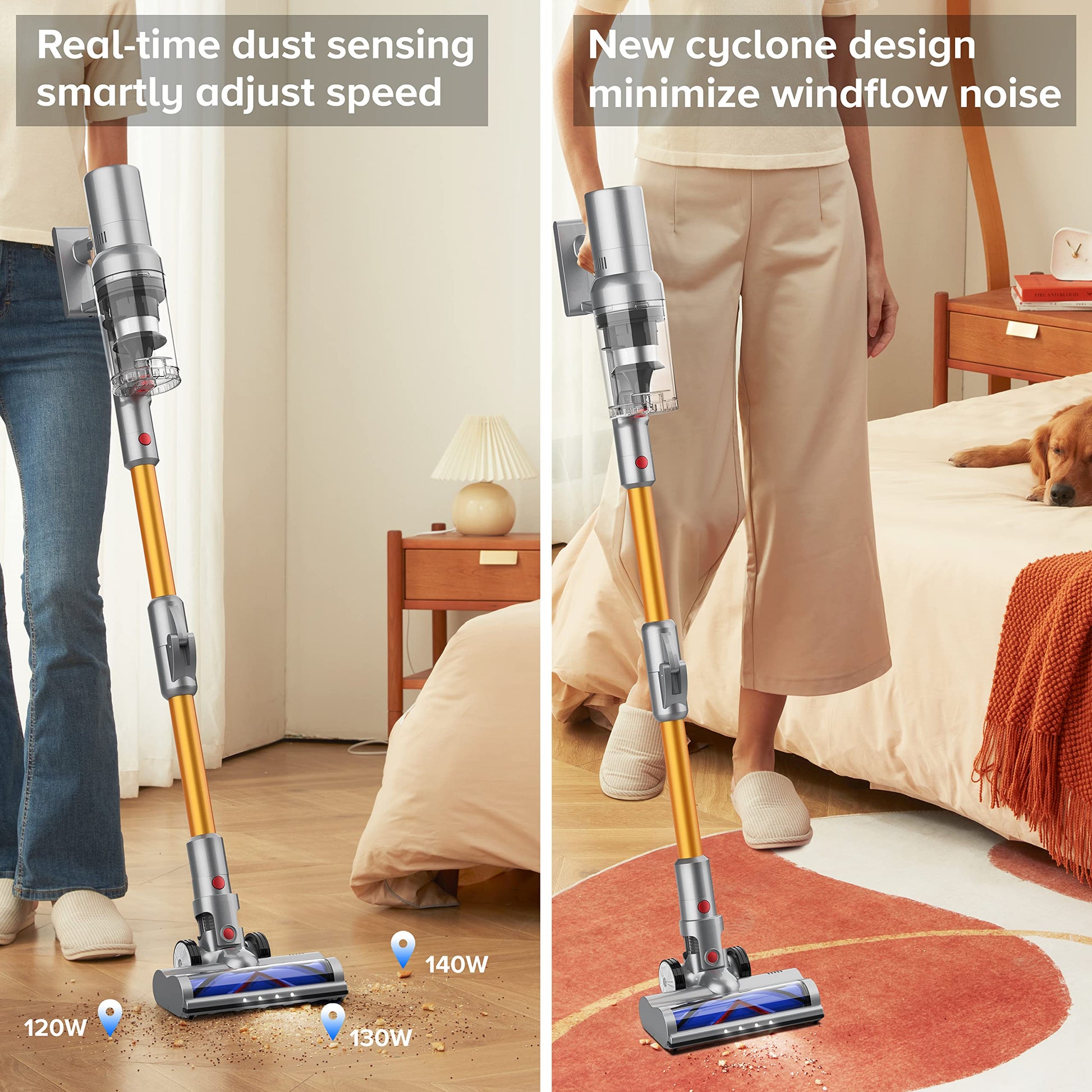 Bytech Cordless Vacuum Cleaner with text highlighting features in a bedroom setting