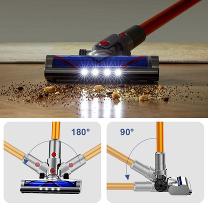 Bytech Cordless Vacuum Cleaner head cleaning a wooden floor with close-up details of brush head angles.